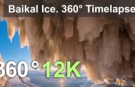360 video, Baikal Ice. Looking at sunset from ice cave. 12K timelapse