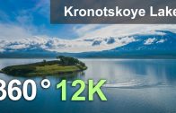 Kronotskoye Lake. The biggest lake of Kamchatka, Russia. Aerial 360 video in 8K
